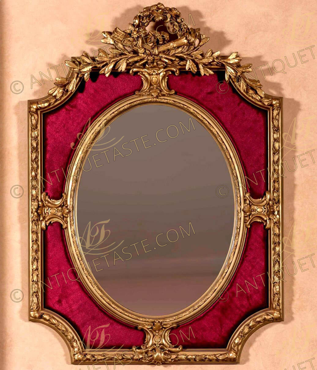 French mid 19th century Louis XVI period style finely carved double frame giltwood velvet upholstered overmantel mirror